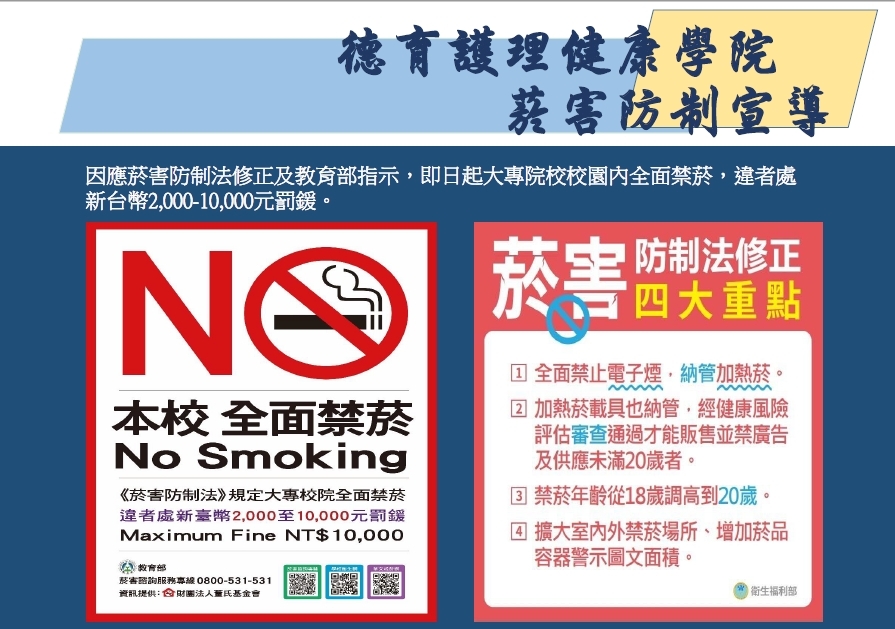 菸害防制宣導：本校全面禁菸，且菸害防制法修正。