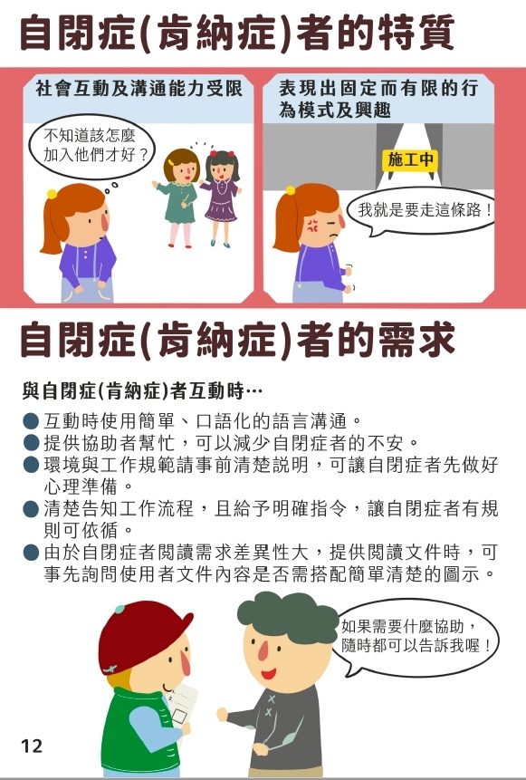 自閉症在溝通、社會互動有困難且有固定及有限的興趣及行為，與他們互動時需要簡化說話內容，從旁協助，事先告知工作流程等。